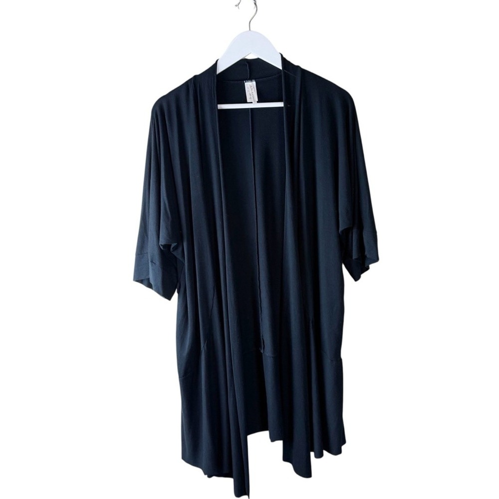 AnaOno Black Open Front Cardigan Short Sleeve Modal Blend Pockets One Size OS